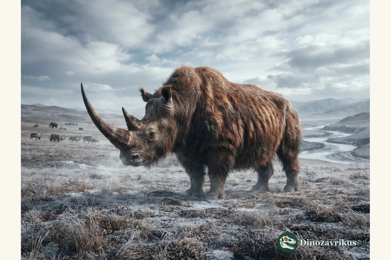 Woolly rhinoceros in a dry Eurasian mammoth-steppe landscape