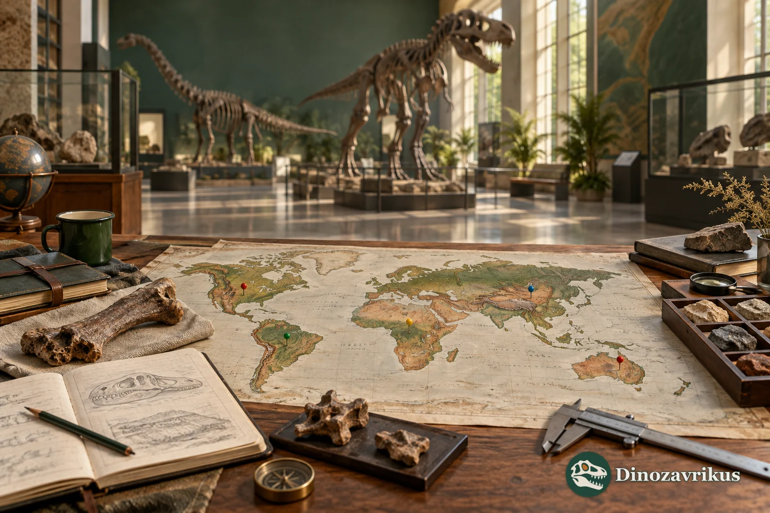 A museum research table with a world map and dinosaur fossils