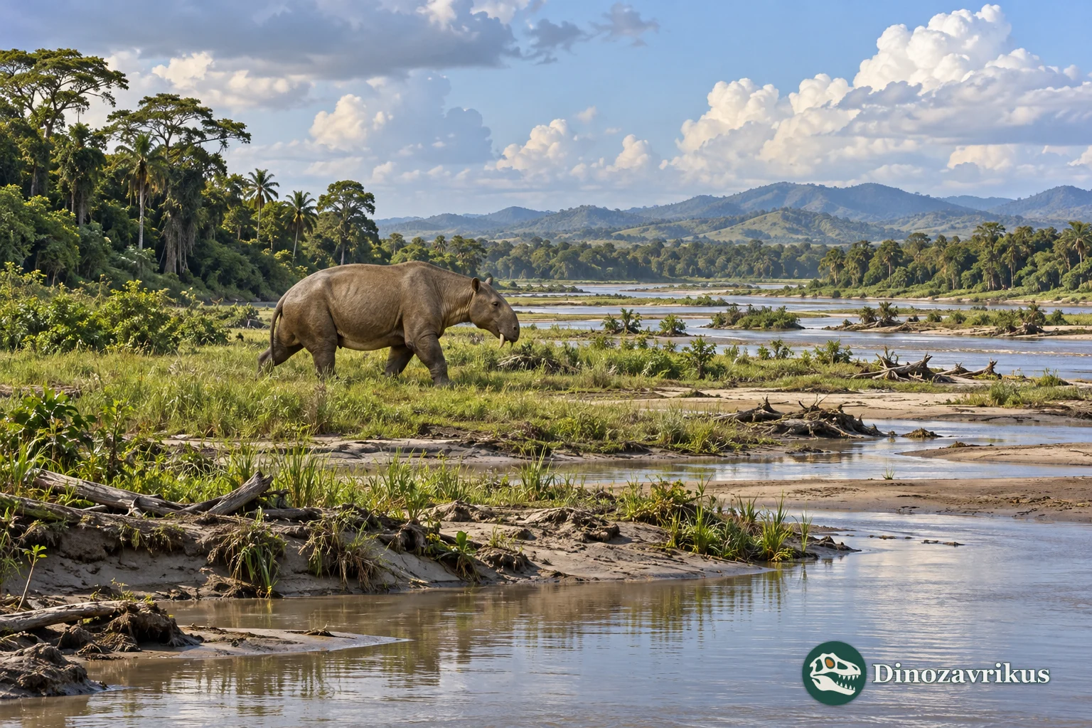 Artistic Miocene South American floodplain landscape with a reconstructed astrapothere