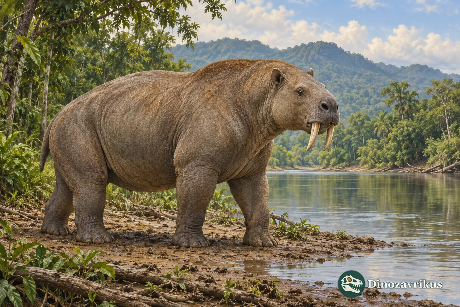 Artistic reconstruction of Xenastrapotherium in a Miocene South American floodplain