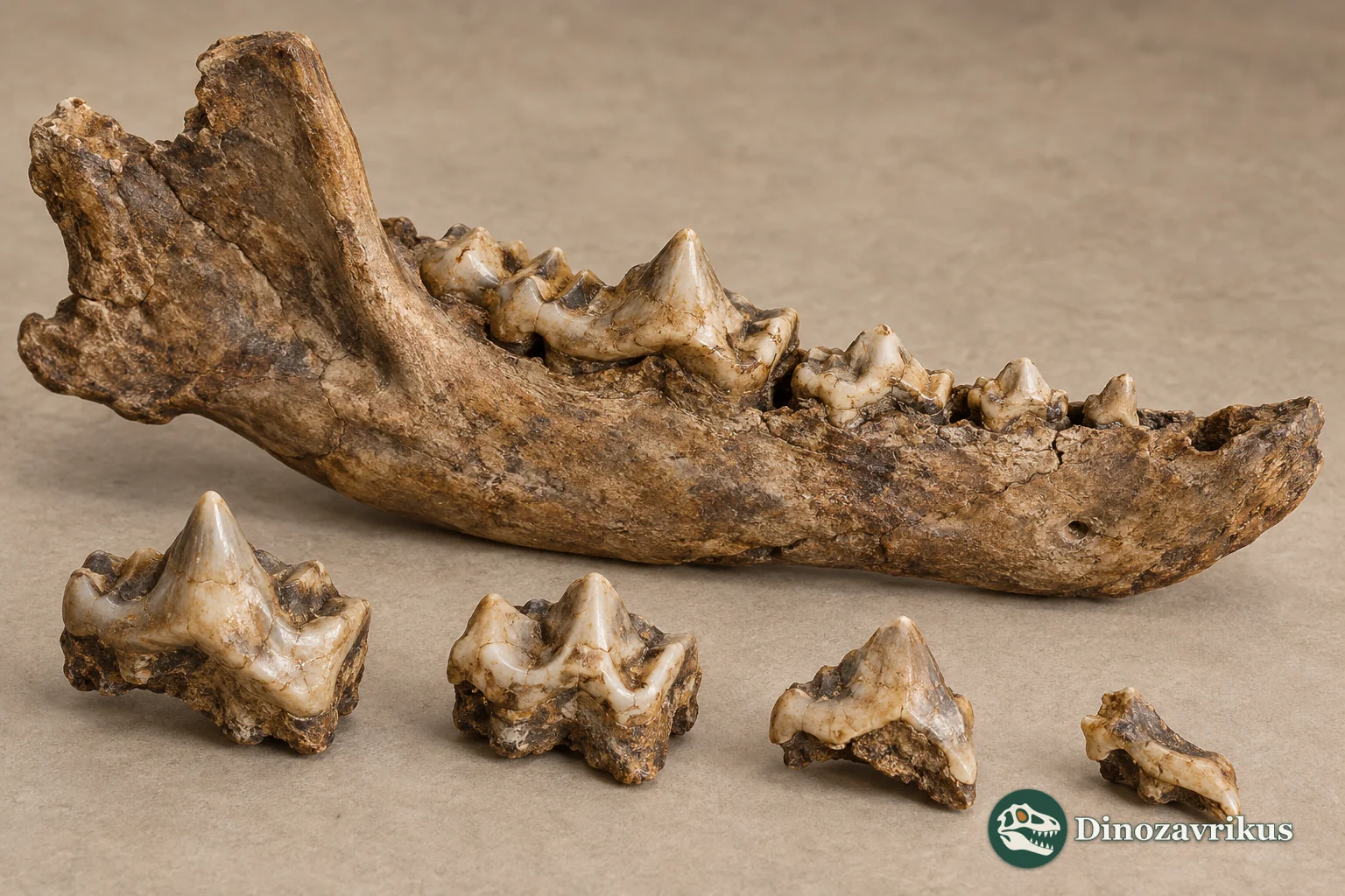 Illustrative fossil canid jaw and separated teeth