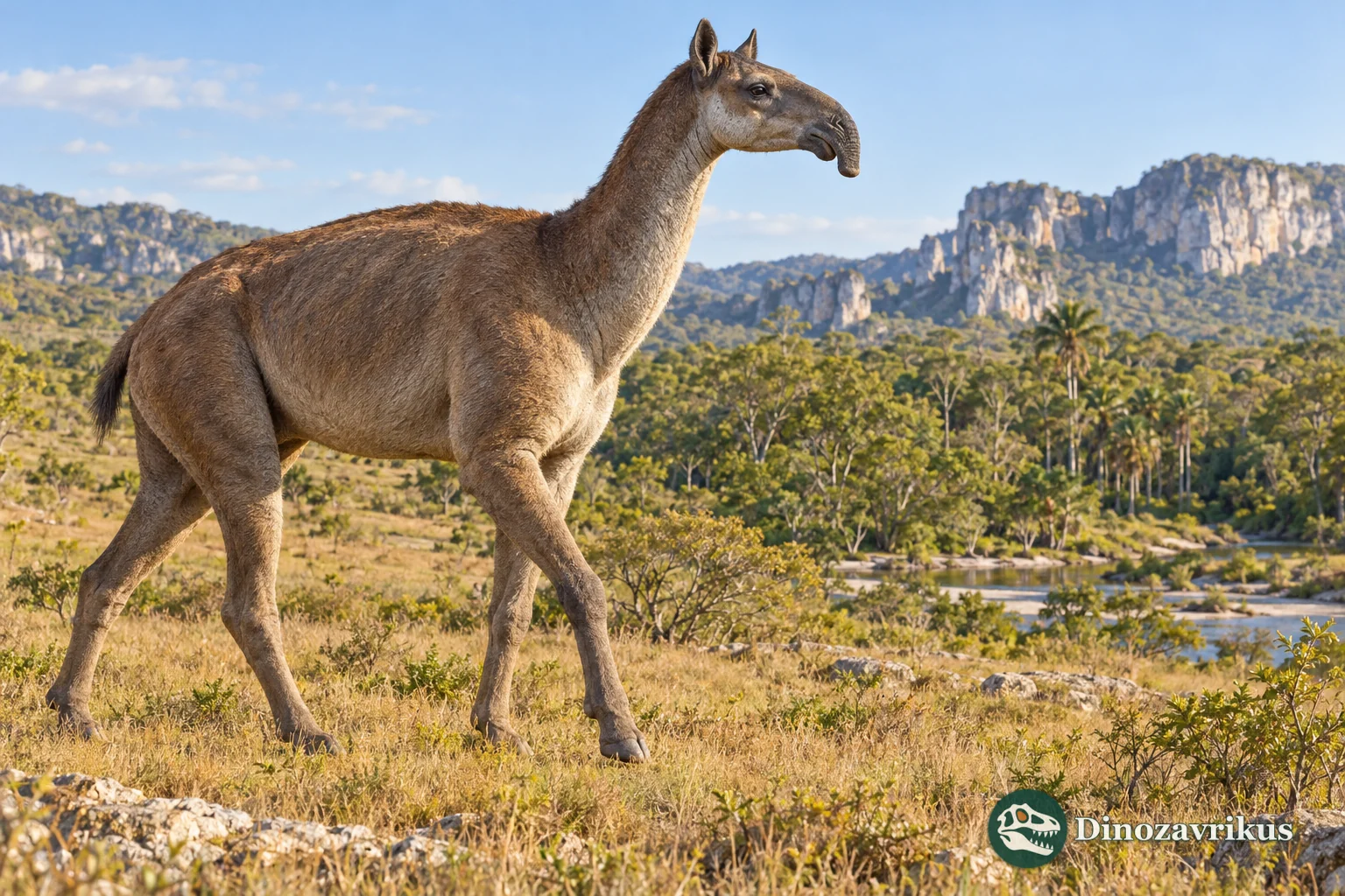 Artistic reconstruction of Xenorhinotherium in a Pleistocene Brazilian landscape