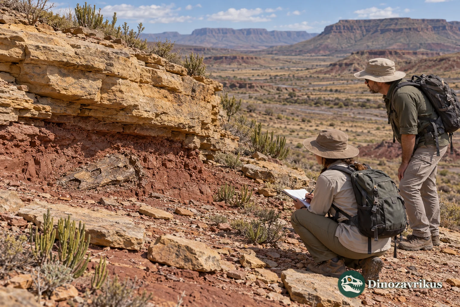 Illustrative field palaeontology scene at a Karoo Basin outcrop