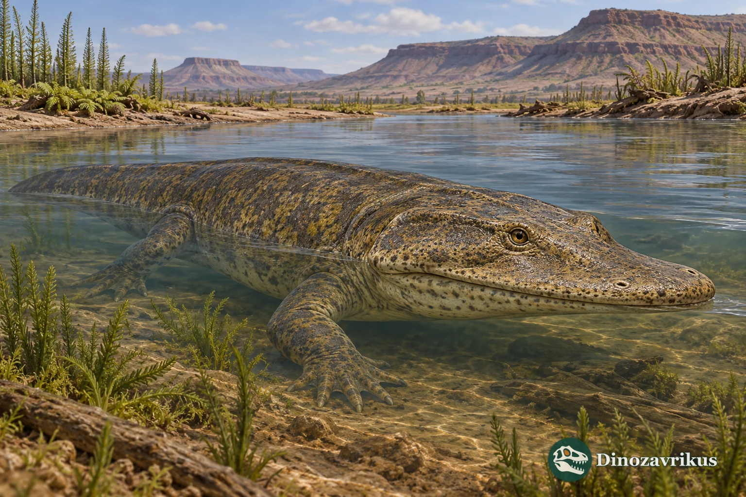 Artistic reconstruction of Xenotosuchus in a Triassic Karoo waterway