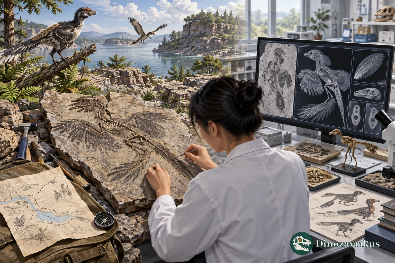 A palaeontologist comparing a feathered dinosaur fossil with a digital skeletal reconstruction