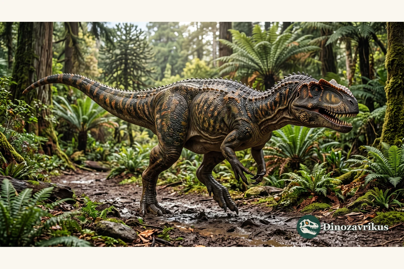 Scientific reconstruction of Yangchuanosaurus in a Late Jurassic floodplain of China