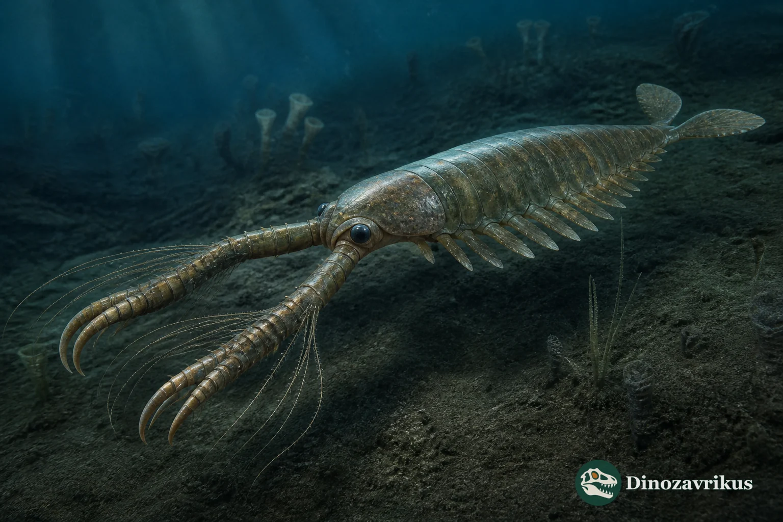 Reconstruction of Yawunik with paired long frontal appendages over a Cambrian seafloor