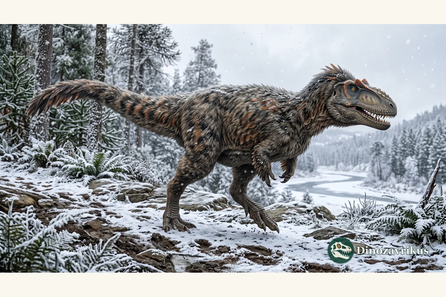 Scientific reconstruction of the feathered tyrannosauroid Yutyrannus in Early Cretaceous Liaoning