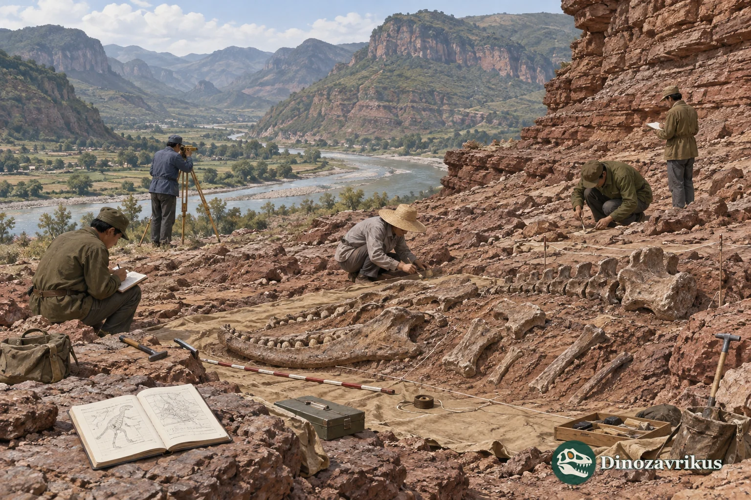 Illustrative Chinese paleontology field team mapping a fossil-bearing outcrop