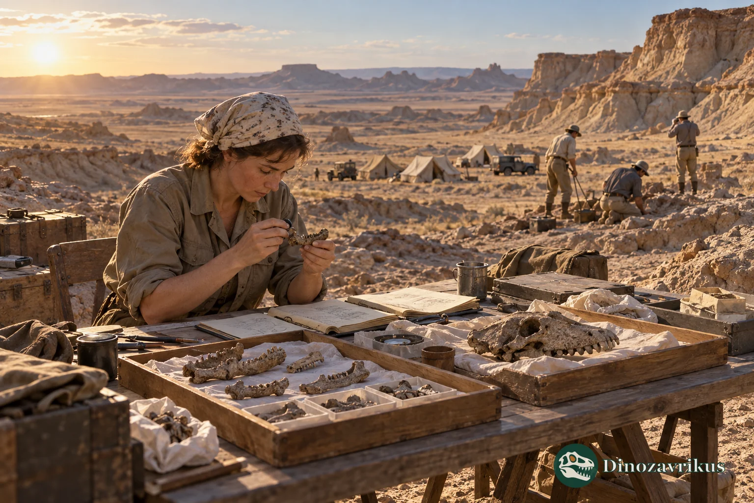 A fossil researcher examining small mammal skulls at a Gobi Desert field camp