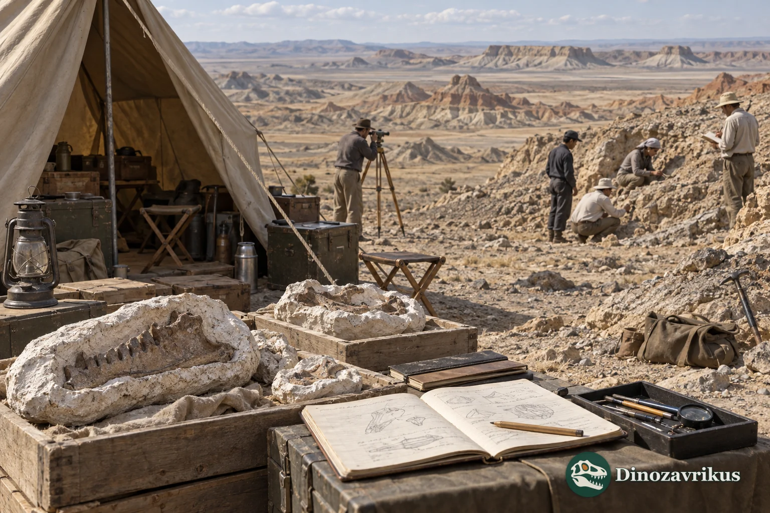 A palaeontologist recording a fossil at a field camp in the Gobi Desert