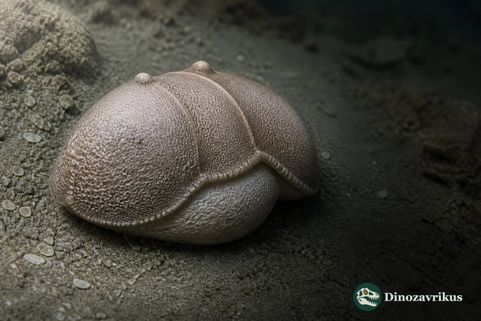Reconstruction of a Zygobolba ostracod showing its lobed, pitted shell and enlarged ventral crumina